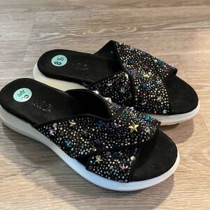 Sparkle Embellished Black Slide Sandals Sz 8.5